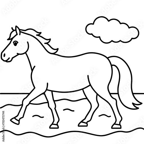         horse walks along the seashore colouring page.
