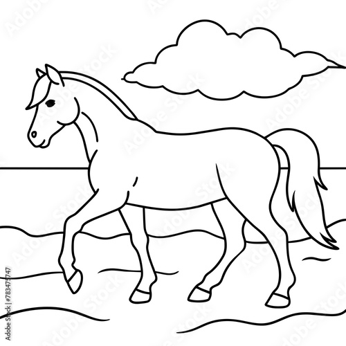         horse walks along the seashore colouring page.
