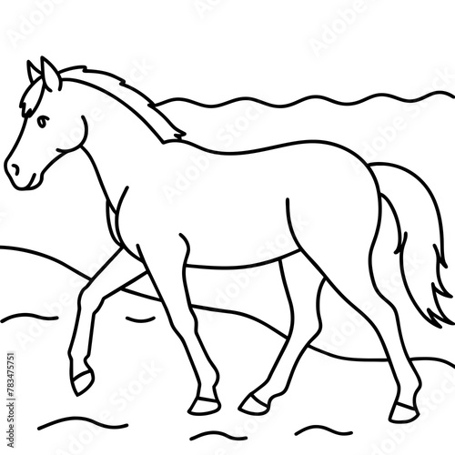         horse walks along the seashore colouring page.
