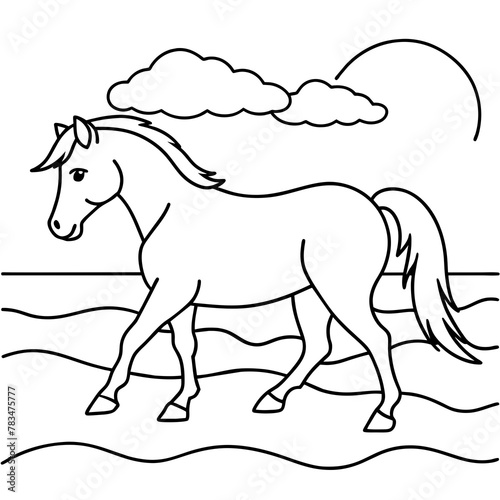        horse walks along the seashore colouring page.
