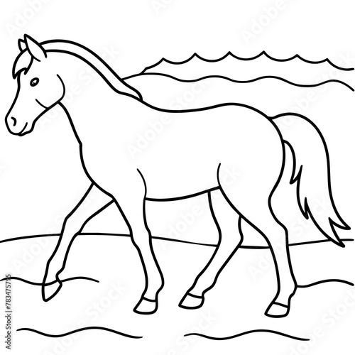         horse walks along the seashore colouring page.
