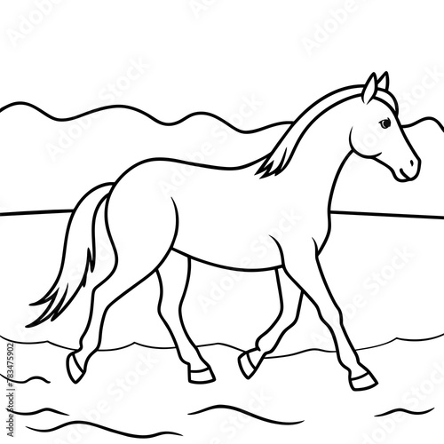         horse walks along the seashore colouring page.
