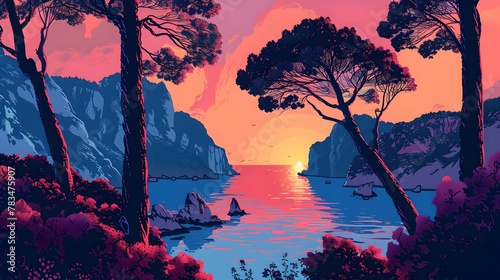Serene Artistic Illustration of a Lake in Capri
