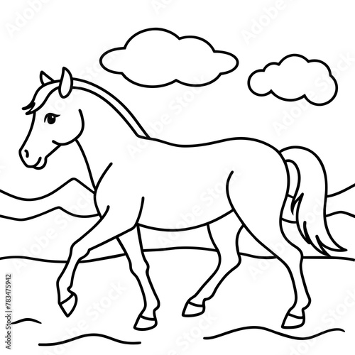        horse walks along the seashore colouring page.
