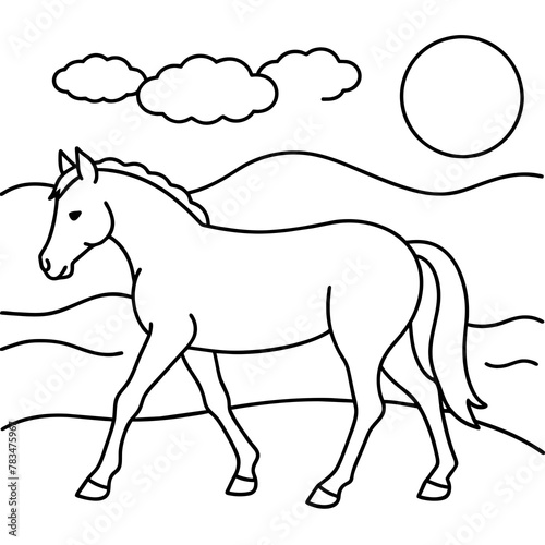         horse walks along the seashore colouring page.
