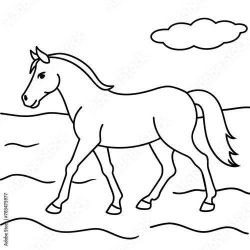         horse walks along the seashore colouring page.
