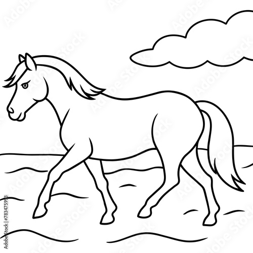         horse walks along the seashore colouring page.
