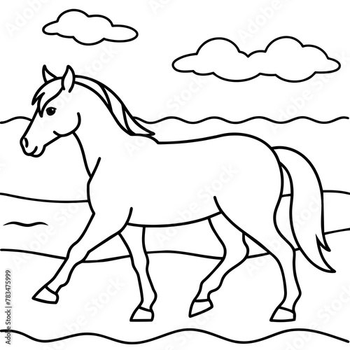         horse walks along the seashore colouring page.

