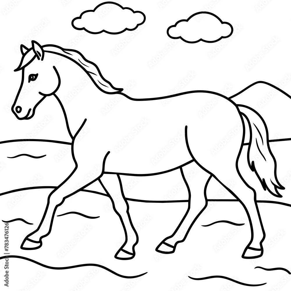 Fototapeta premium Horse walks along the seashore colouring page. 