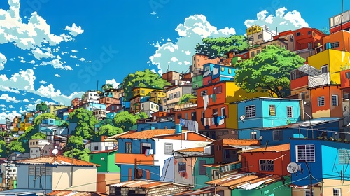 illustration of a favela in São Paulo Brazil with a big blue sky