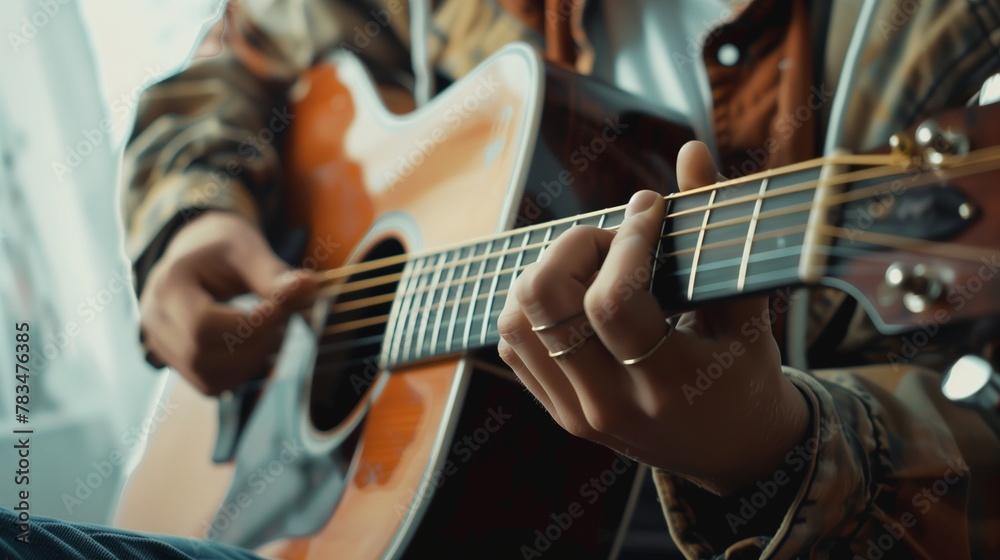Obraz premium Young man playing guitar accoustic instrument musical melody