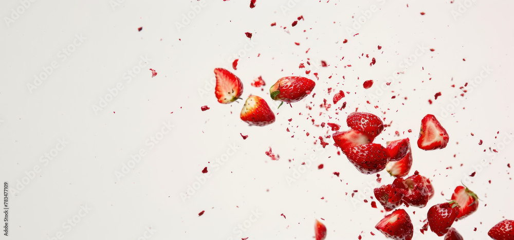 splash of slice strawberry on white background copy space