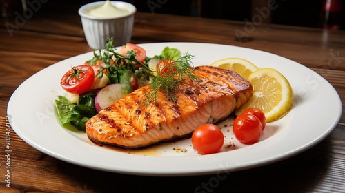 Delicious grilled salmon fillet with fresh vegetable on plate. 