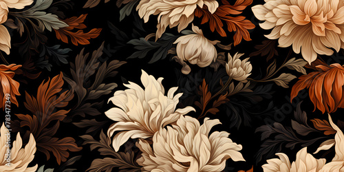 A pattern of dark flowers and leaves in shades of orange
