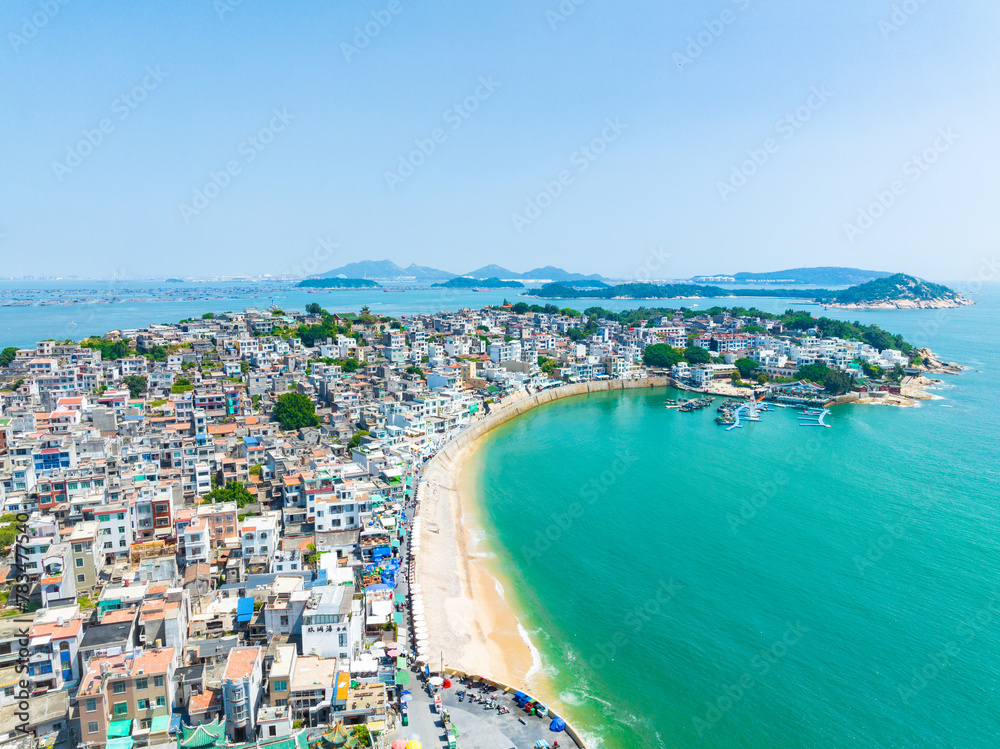 Aerial photography of the fishing village on the coast of Dongshan Island, Zhangzhou, Fujian, China