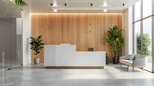Modern reception room in an office building with a white front desk and wooden wall panels, a large window on the right side, plant decor, a minimalistic interior design