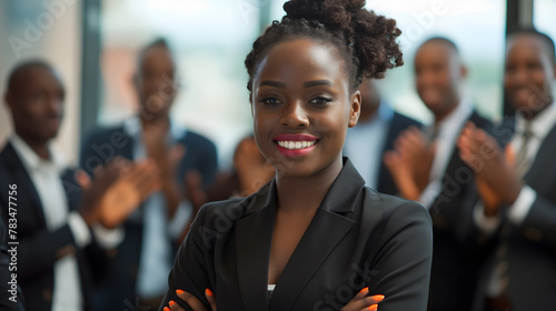 Beautiful smiling young professional Black woman in office  folded arms and confident expression co-workers are clapping in background photo