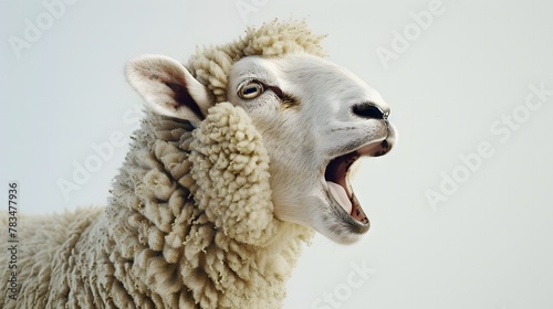 Close-up of a Sheep Bleating Vividly Against a Pure White Background photo