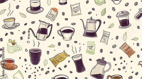 Playful Coffee and Café Illustration, Hand-drawn Pattern Design
