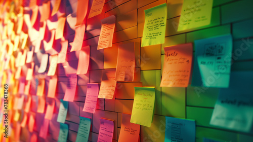 Sticky Note Post It Board Office. Business people meeting at office and use post it notes to share idea. Brainstorming concept. Sticky note on glass wall or blackboard. Set of colorful blank notes.