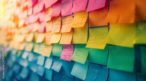 Sticky Note Post It Board Office. Business people meeting at office and use post it notes to share idea. Brainstorming concept. Sticky note on glass wall or blackboard. Set of colorful blank notes.