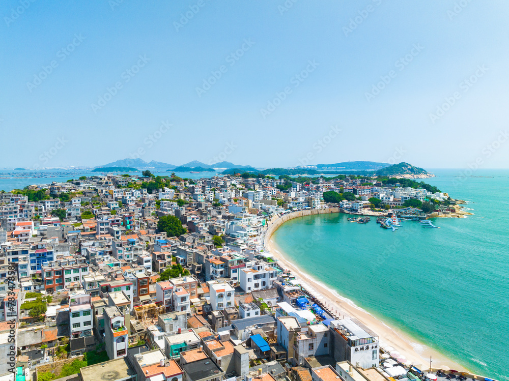 Aerial photography of the fishing village on the coast of Dongshan Island, Zhangzhou, Fujian, China