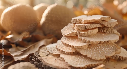 White truffle slices on a blurred oak forest floor, elusive luxury photo