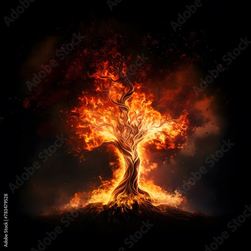 A Fiery Tree Against a Dark Night
