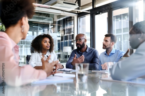 A portrait of a group of professionals sitting around a conference table in an office space photo