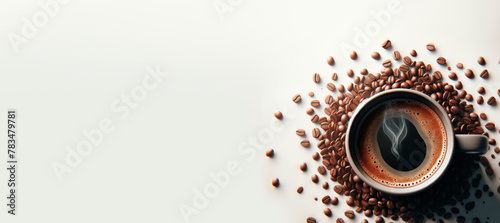 Steaming cup of coffee with crema, surrounded by beans on light background. Generative AI