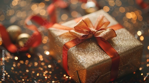 Gift-giving charm, ribbon swirls, background sparkle