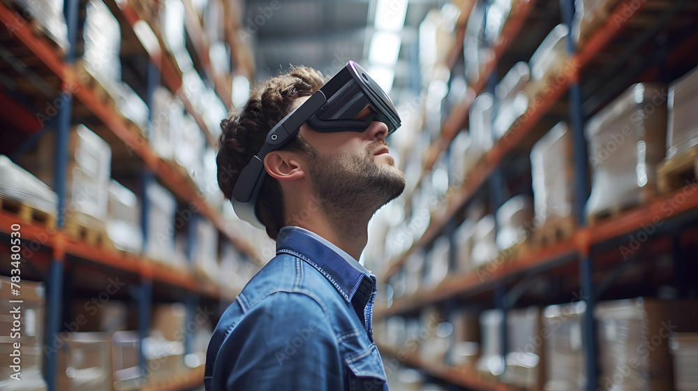 Illustrate a person using augmented reality glasses to navigate through a storage warehouse and receive real-time guidance on picking and packing tasks, enhancing accuracy and efficiency