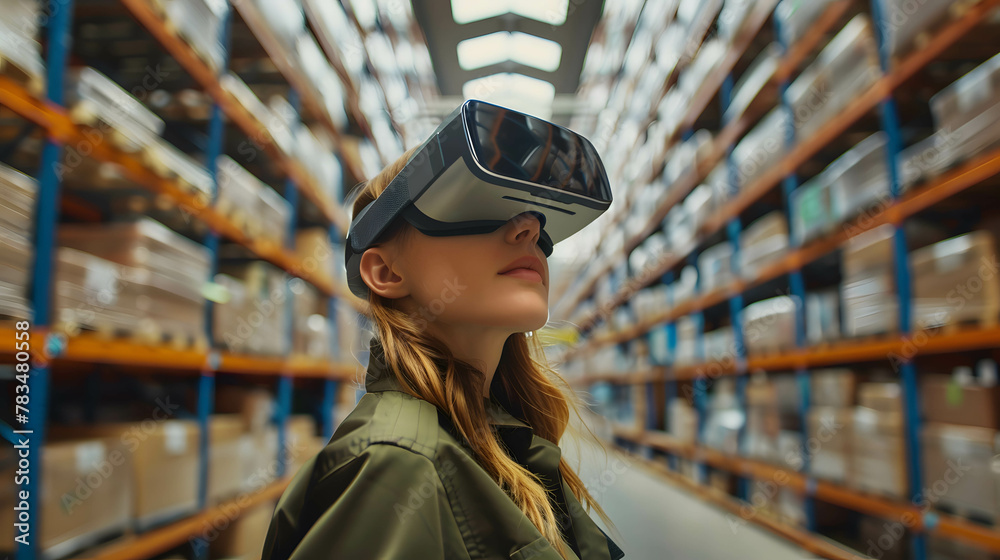 Illustrate a person using augmented reality glasses to navigate through a storage warehouse and receive real-time guidance on picking and packing tasks, enhancing accuracy and efficiency