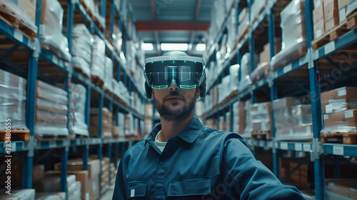 Illustrate a person using augmented reality glasses to navigate through a storage warehouse and receive real-time guidance on picking and packing tasks, enhancing accuracy and efficiency © Slowlifetrader