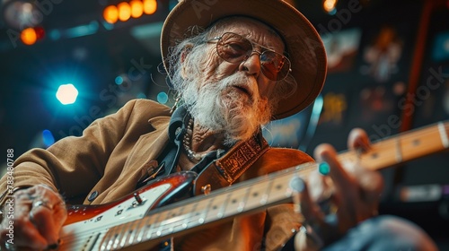 Elderly musician with electric guitar, rocking out photo