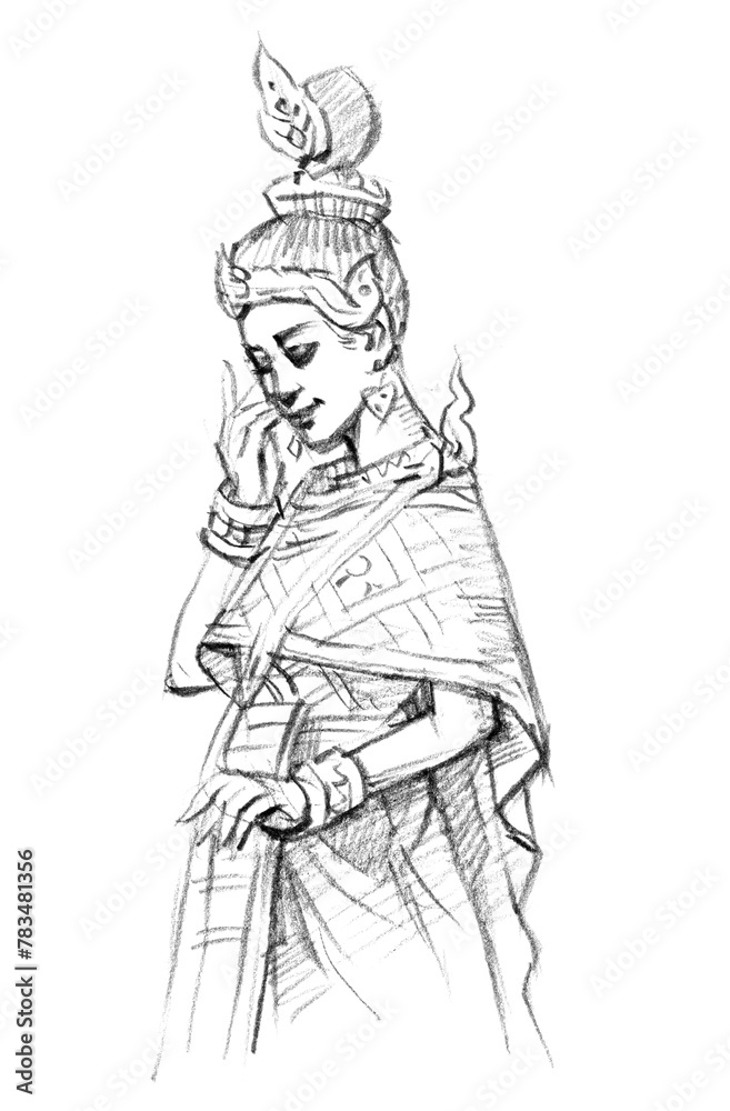 illustration of Asia girl pencil drawing for card illustration decoration