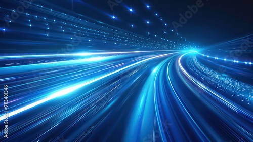 Abstract blue speed lines background with a blur effect. Digital technology concept. Motion blurred light streaks on a dark background.