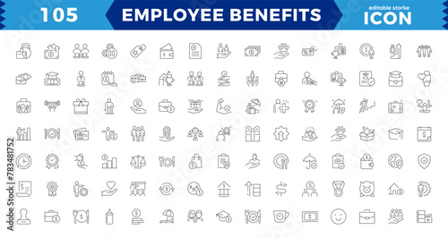 EMPLOYEE BENEFITS LINE ICON SET, Pay raise, maternity rest, health and life insurance, paid vacation, social security icons and more signs. Flat icon collection.