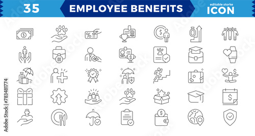EMPLOYEE BENEFITS LINE ICON SET, Pay raise, maternity rest, health and life insurance, paid vacation, social security icons and more signs. Flat icon collection.