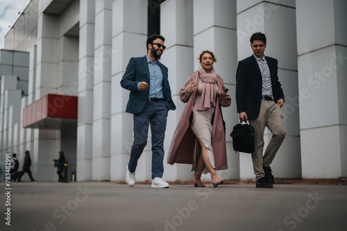 Three young business professionals walking and strategizing in an urban setting, with a focus on collaboration, planning, and business growth.
