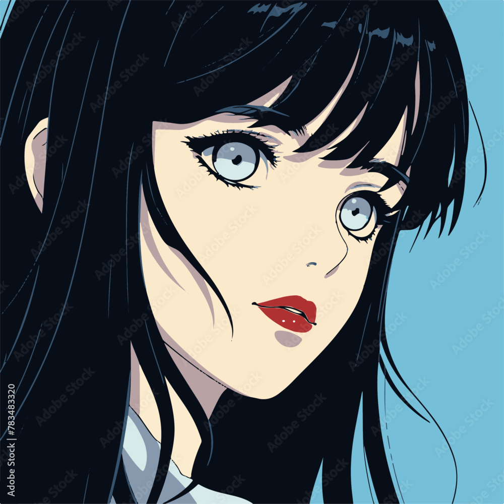 anime, simple, retro, girl with black hair and blue eyes, cute, 1990's anime style, lo-fi aesthetics, black outline, black long straight hair with bangs, anime portrait vector girl illustration anime, simple, retro, girl with black hair and blue eyes, cute, 1990's anime style, lo-fi aesthetics, black outline, black long straight hair with bangs, anime portrait vector girl illustration