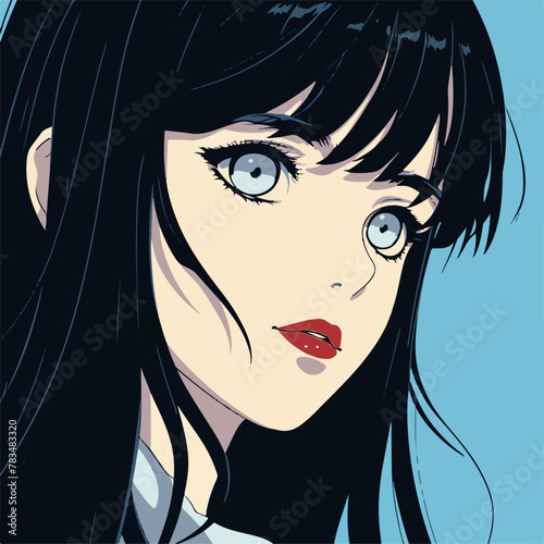 anime, simple, retro, girl with black hair and blue eyes, cute, 1990's anime style, lo-fi aesthetics, black outline, black long straight hair with bangs, anime portrait vector girl illustration