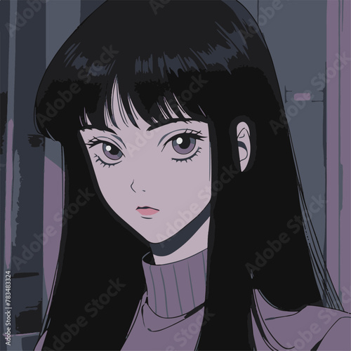 anime, simple, retro, girl with black hair and black eyes, flat colors, cute, 1990's anime style, lo-fi aesthetics, black outline, black long straight hair with bangs, eye-catching, animated girls