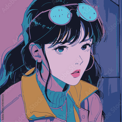 Lofi neon colors 80s anime still, girl wearing retro outfit, retro fashion, muted retro colors, style of Dragons Heaven, close up shot, anime illustration anime girl portrait