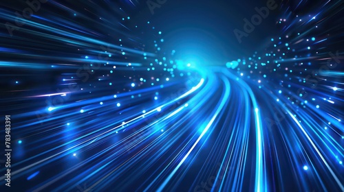 Abstract blue speed lines background with a blur effect. Digital technology concept. Motion blurred light streaks on a dark background.