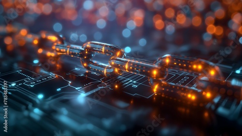 Digital Blockchain Technology - Illuminated Chains on a Futuristic Circuit Board