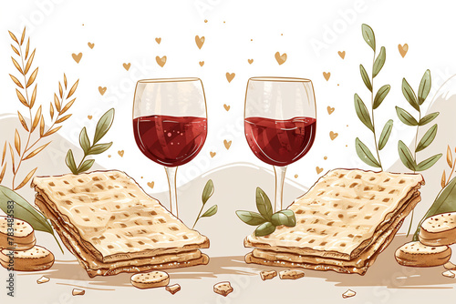 Matzah and red kosher wine on beige background. Passover celebration concept. Jewish Pesach holiday with traditional ritual bread. Template for greeting card or banner with copy space