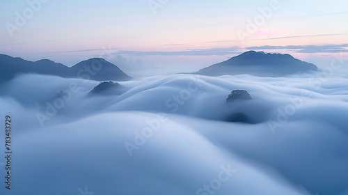 A misty morning in a valley, with the tops of the mountains peeking through the rolling clouds below, creating islands in a sea of white mist 32k, full ultra hd, high resolution