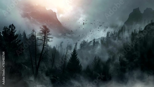 misty pine forest in the mountains, animated virtual repeating seamless 4k	
