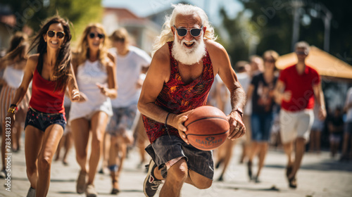 Energetic Senior Man Playing Basketball with Young Crowd © Agustin A